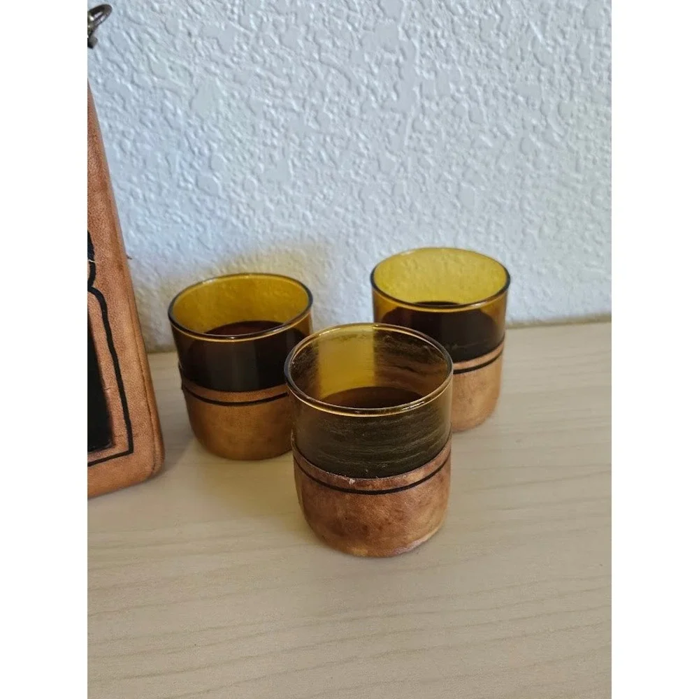 Vintage Leather Wrapped Amber Glass Decanter and 3 Shot Glasses Barware Set
